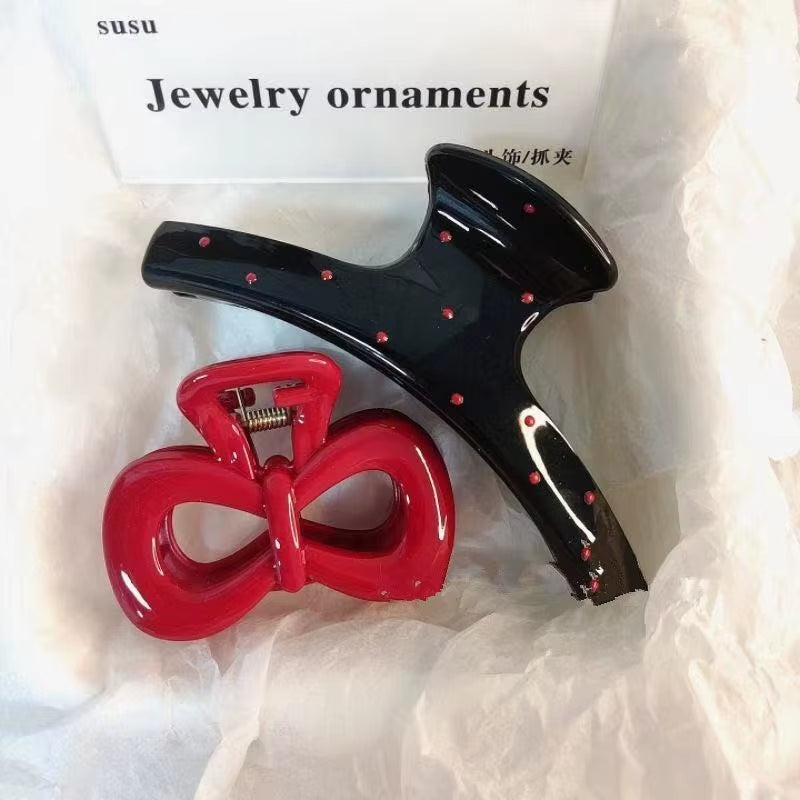 Charming Vintage Blue Polka Dot Hair Clips with Red Bow - 2Pcs Set for Stylish Women