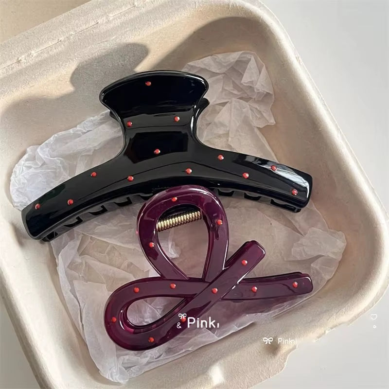 Charming Vintage Blue Polka Dot Hair Clips with Red Bow - 2Pcs Set for Stylish Women