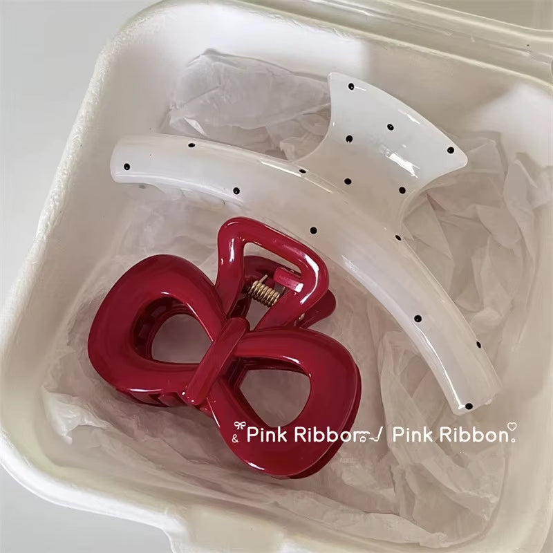 Charming Vintage Blue Polka Dot Hair Clips with Red Bow - 2Pcs Set for Stylish Women