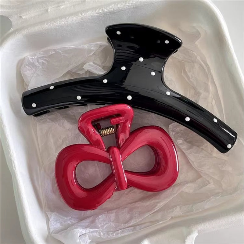 Charming Vintage Blue Polka Dot Hair Clips with Red Bow - 2Pcs Set for Stylish Women