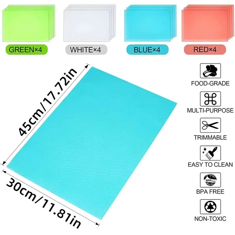Reusable EVA Waterproof Refrigerator Liner Mat - 4 PCS Washable Anti-Oil Kitchen Pad for Cabinets and Drawers - Heat-Insulating Fridge Mats