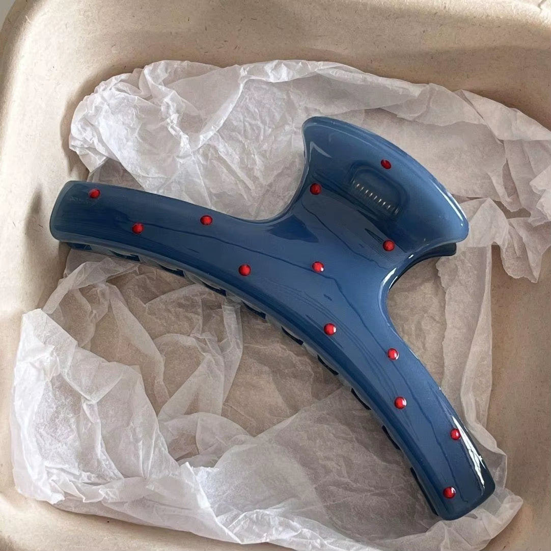 Charming Vintage Blue Polka Dot Hair Clips with Red Bow - 2Pcs Set for Stylish Women