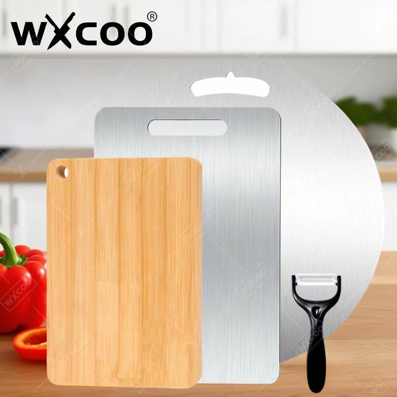 WXCOO Premium Double-Sided Bamboo & Stainless Steel Cutting Board - Perfect for Fruits, Meats, and Vegetables
