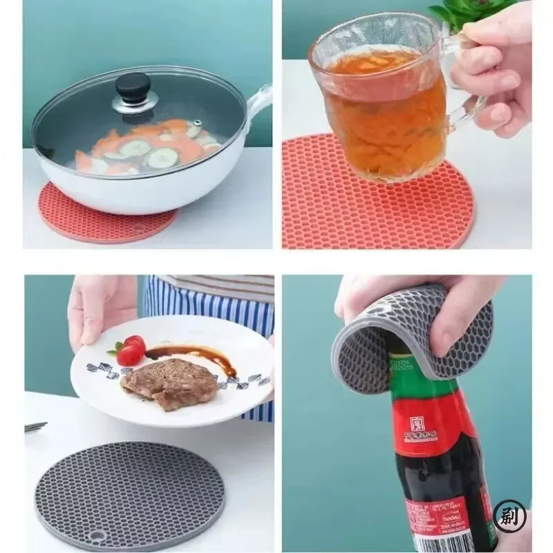 Premium Round Heat Resistant Silicone Coasters - 13.5cm Non-Slip Kitchen Mats & Pot Holders