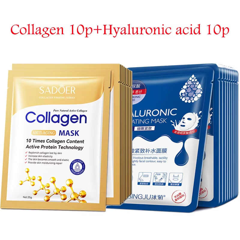 20Pcs Hyaluronic Collagen Face Mask Firming Moisturizing Sheet