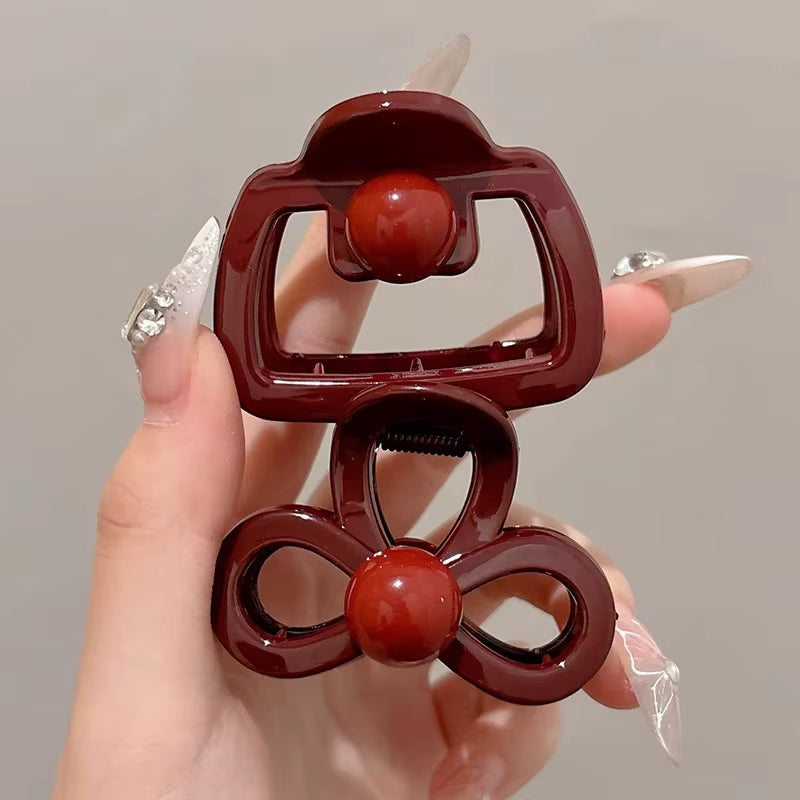 Charming Vintage Blue Polka Dot Hair Clips with Red Bow - 2Pcs Set for Stylish Women