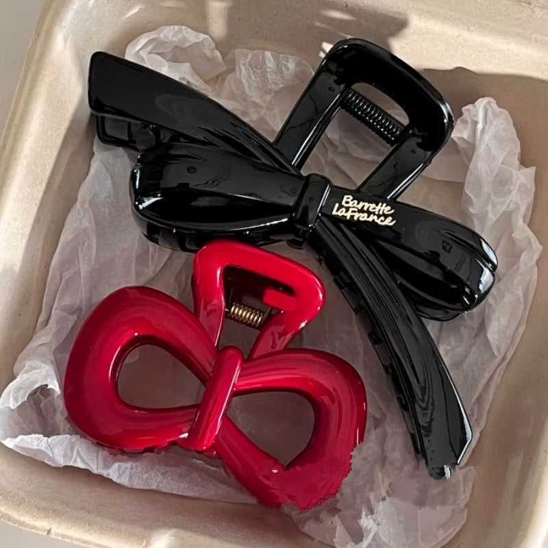 Charming Vintage Blue Polka Dot Hair Clips with Red Bow - 2Pcs Set for Stylish Women