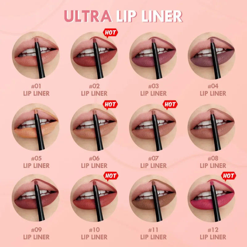 Waterproof Matte Lipliner Pencil 12 Colors Long-Lasting Tint