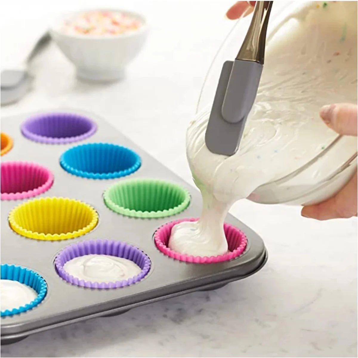 12-Pack High-Temp Silicone Cake Cup Molds - Perfect for Pudding, Jelly, & Air Fryer Baking!