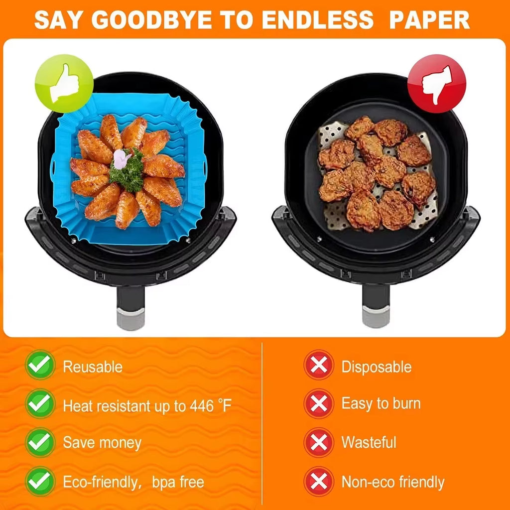 Reusable Silicone Air Fryer Pot Tray – Food Safe Square BBQ Pad for Oven Baking & Cooking