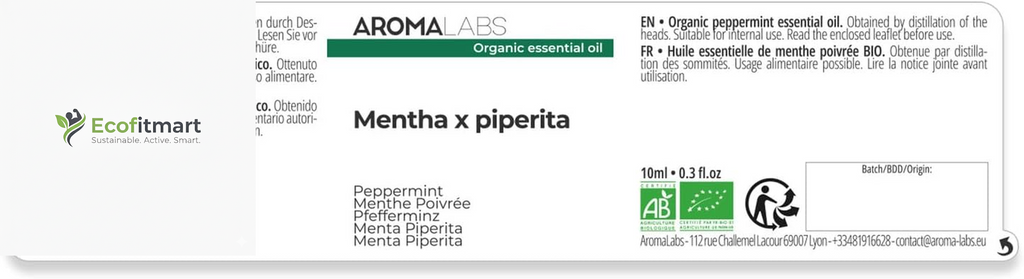 Pure Organic Peppermint Essential Oil - 10ml - 100% Ecocert Certified for Aromatherapy Bliss and Wellness