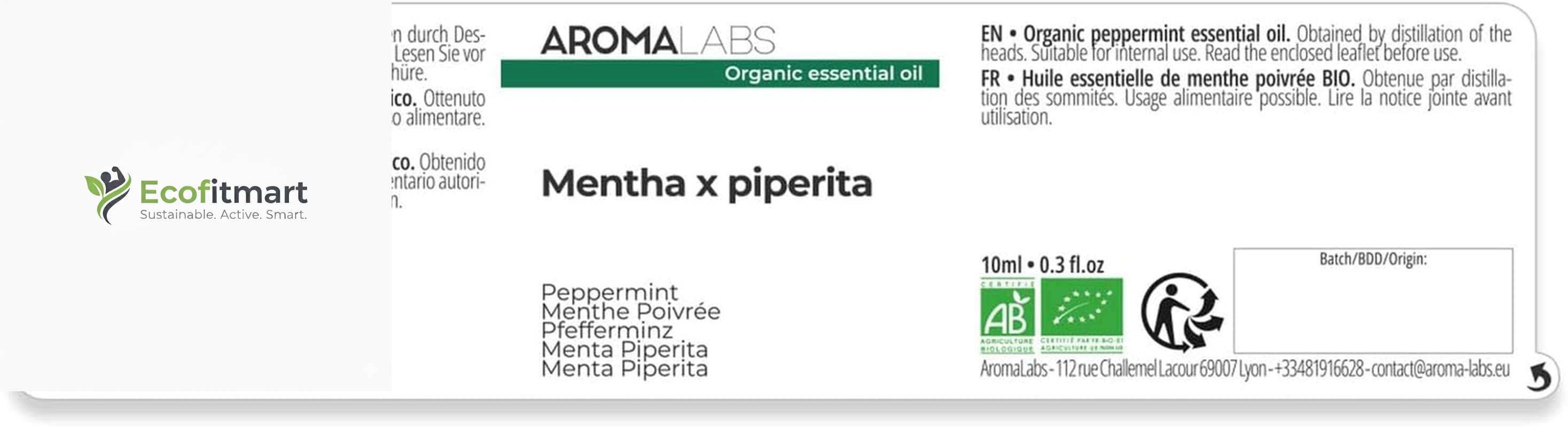 Pure Organic Peppermint Essential Oil - 10ml - 100% Ecocert Certified for Aromatherapy Bliss and Wellness